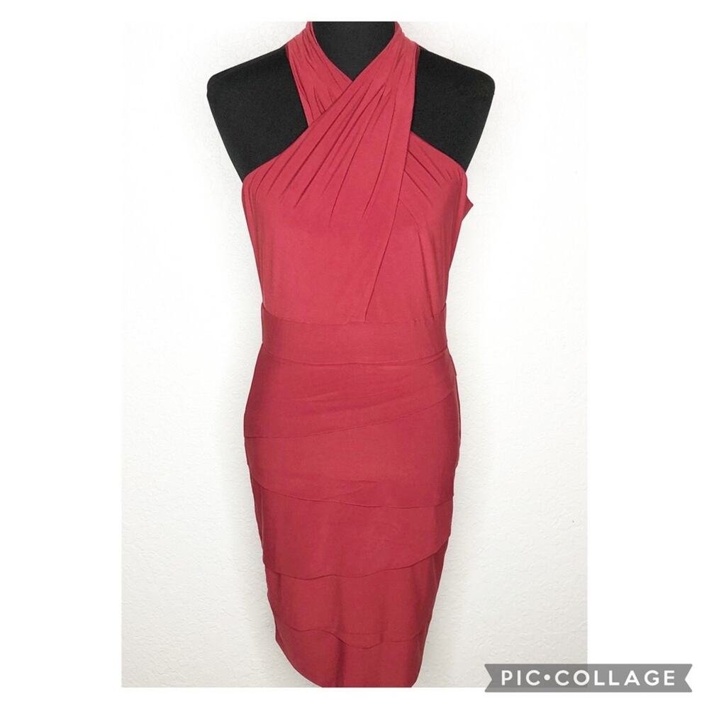 WHBM dark rouge red twisted halter neck layered sheath dress size 8 NWT